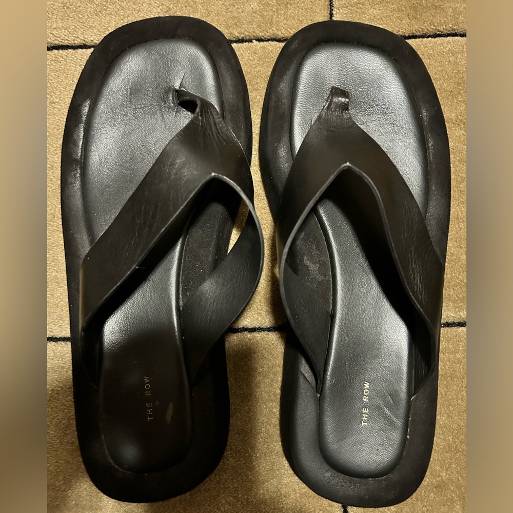 The Row Ginza leather and suede platform flip flops
